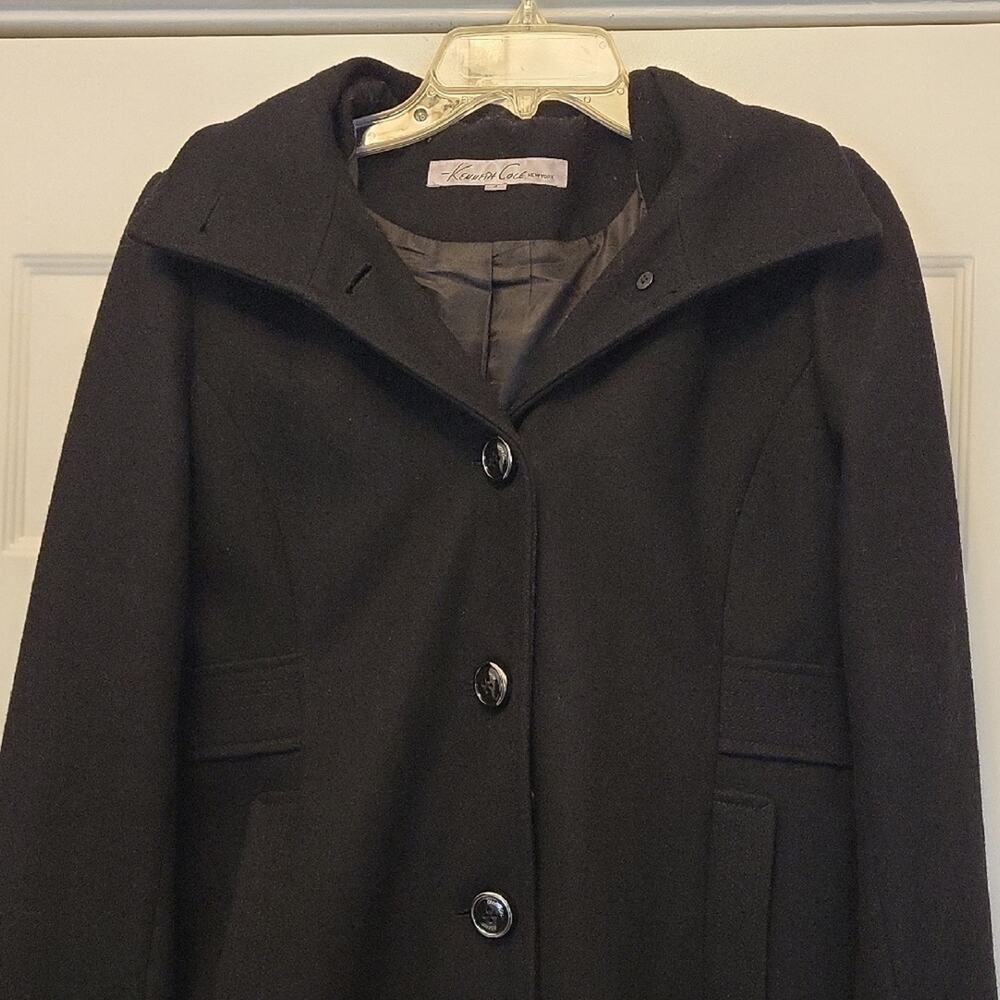 Kenneth Cole New York Women’s Size 4 Black Pea Coat Hooded Wool Button Front - Picture 3 of 14
